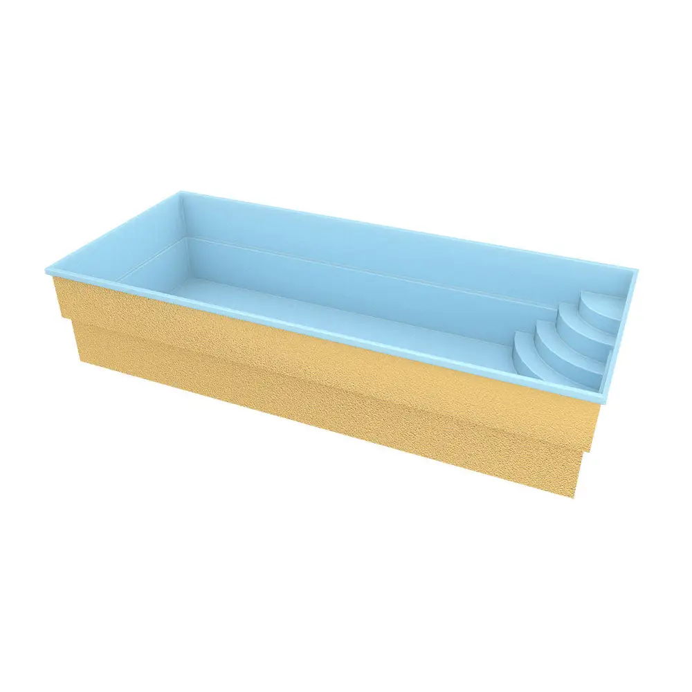 Glasfiberpool Papeete med rektangulär form, ljusblå interiör och trappor