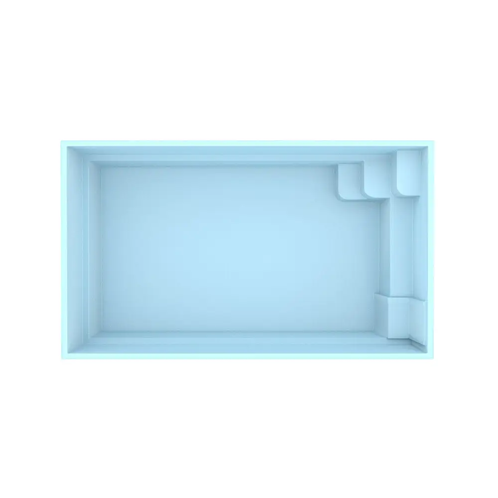 Ljusblå rektangulär glasfiberpool Saba med turkost vatten och formade steg