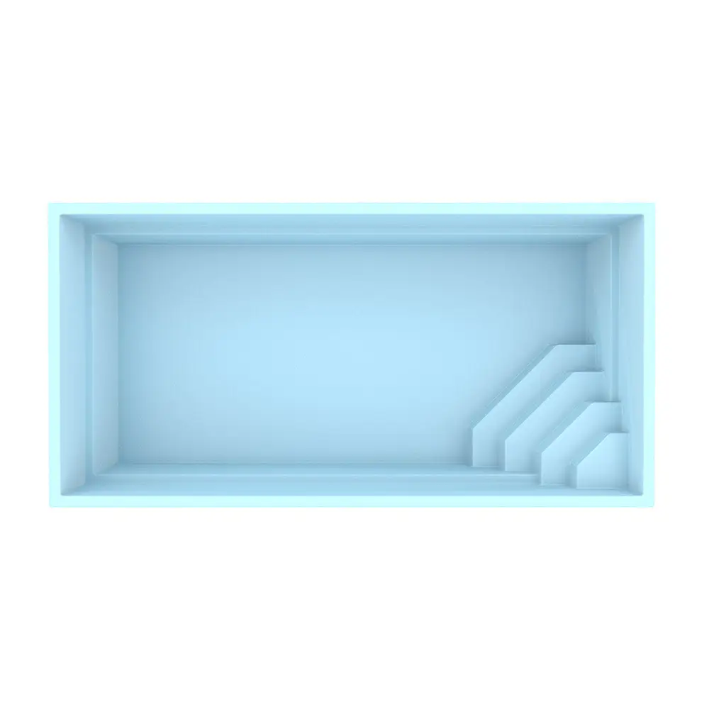 Glasfiberpool Saba med minimalistisk blå display och trappor