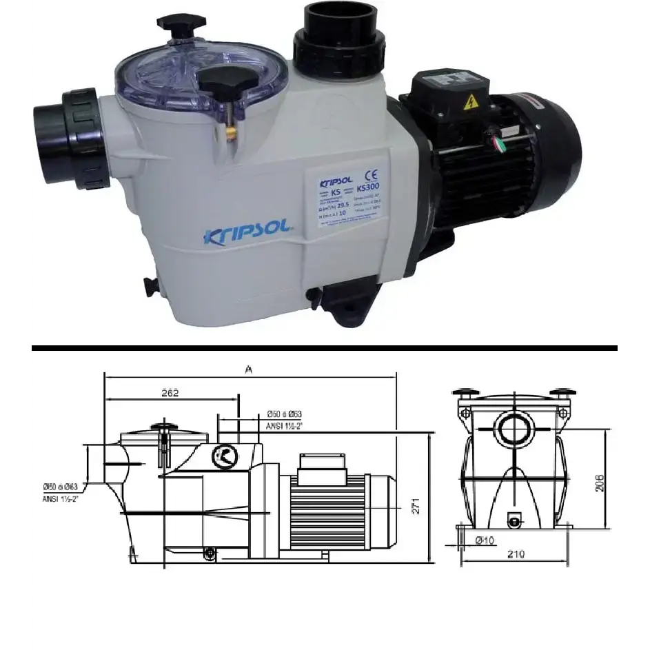 Kripsol KSE100 poolpump med rostfritt stål, transparent lock och specifikationer