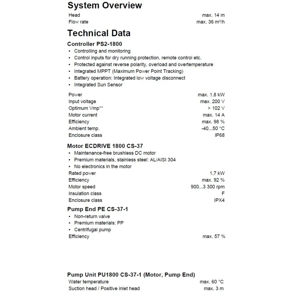 Lorentz solcellspumppaket PS2-1800 med efficiency max specifikationer