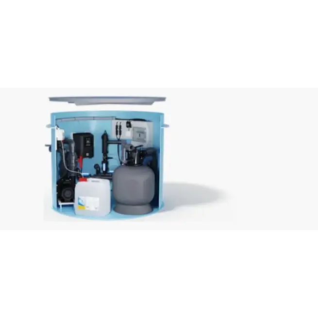 Ljusblå cylindrisk poolfiltrering med grå tank i minipool wellness pool