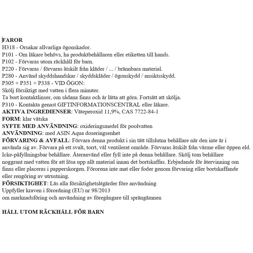 Aseko Oxy Pure Liquid 20L aktivt syre för pool och spa-etikett
