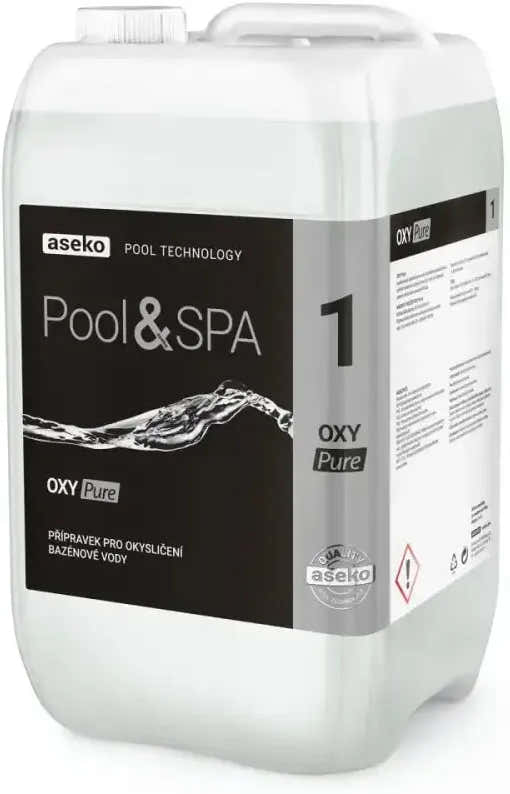 Weiße Kunststoffkanister mit Aseko Oxy Pure Liquid Aktivsauerstoff für Pool und Whirlpool, 20 l