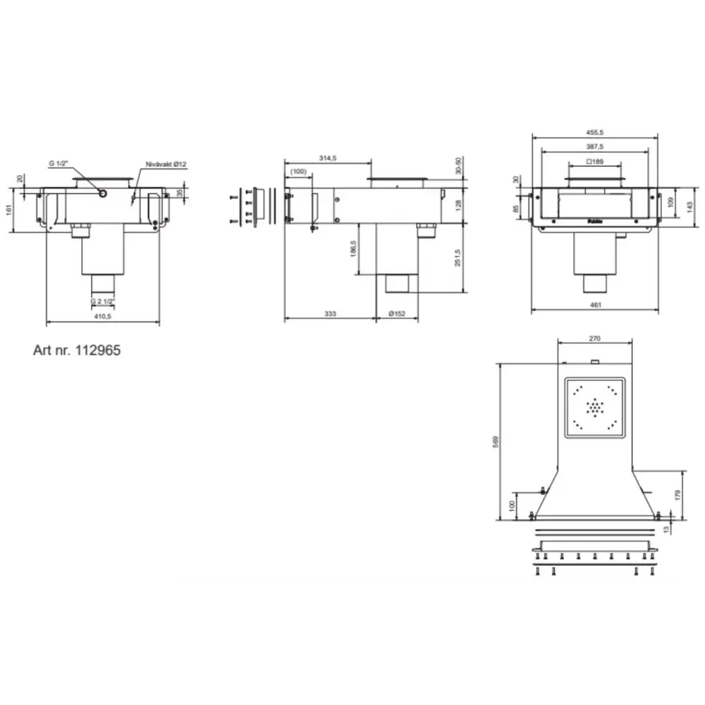 Teknisk ritning av Pahlen Bräddavlopp Infinity skimmer i rostfritt syrafast stål