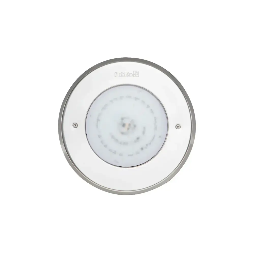 Cirkulär infälld LED-armatur i rostfritt syrafast stål med Pahlen-logo