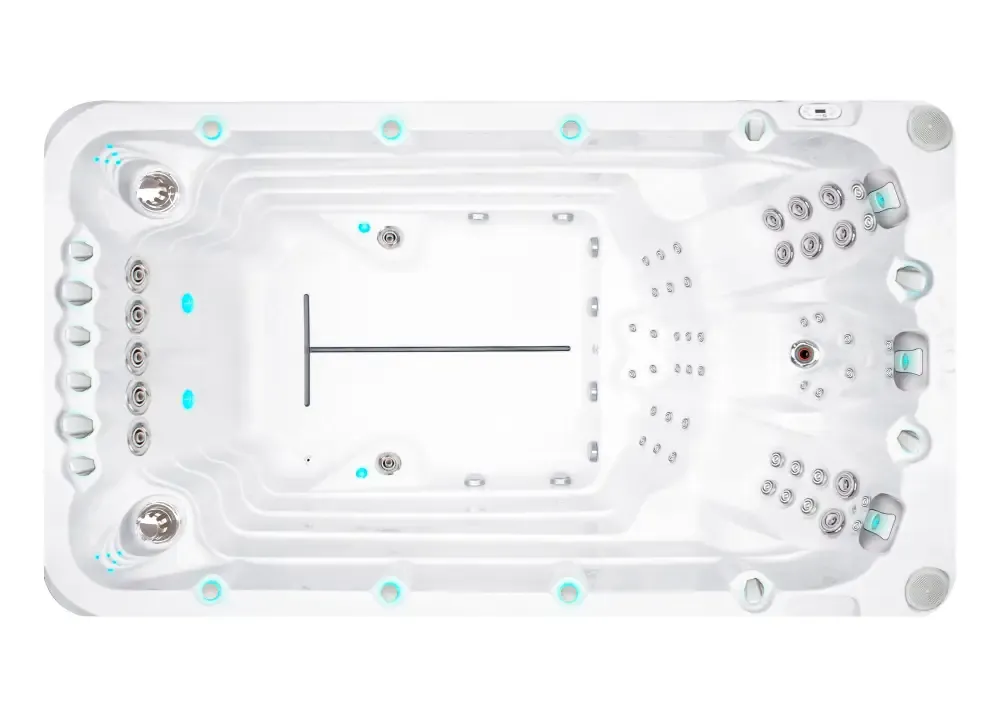 Vit PassionSpa Activity 1 Swim Spa med vit bad, silver munstycken och turkos belysning