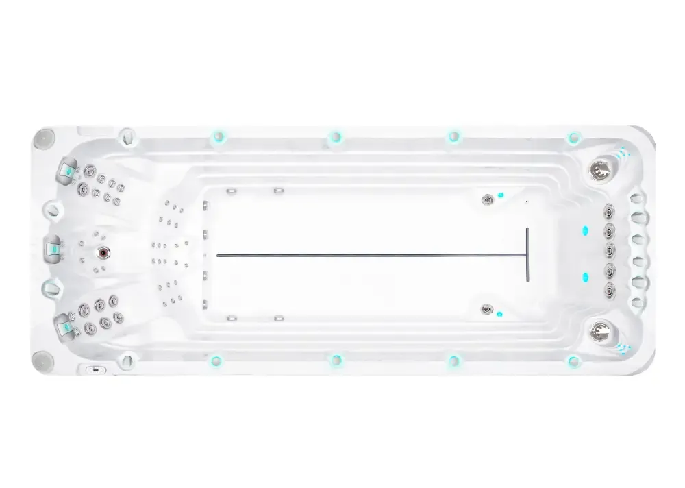 Vit PassionSpa Activity 2 Deep Swim Spa med vit rektangulär form, turkosa accenter och silverjets