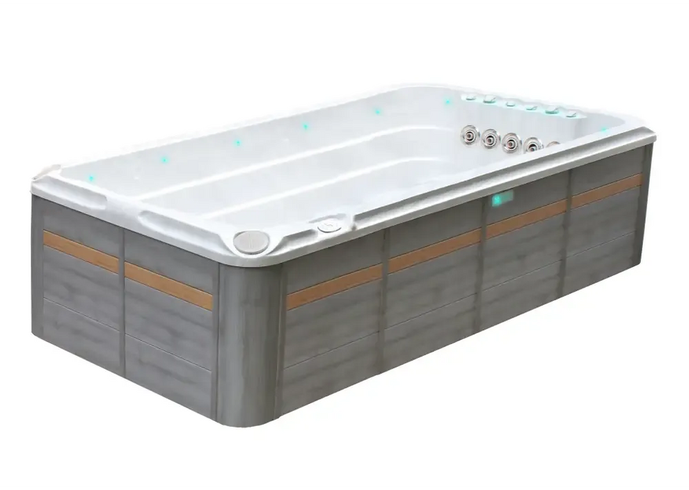 PassionSpa Activity 2 Deep Swim-Spa – modernes Design, weißer Innenraum, graue Holzpaneele, hellbraune Streifen, blaue LED-Beleuchtung