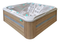 PassionSpa Admire Whirlpool – weiße Oberfläche in Holzoptik, türkisfarbene LED-Beleuchtung
