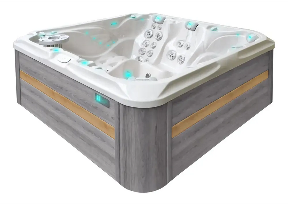 PassionSpa Admire Whirlpool – weißer Innenraum, graue Holzpaneele, blaue Beleuchtung