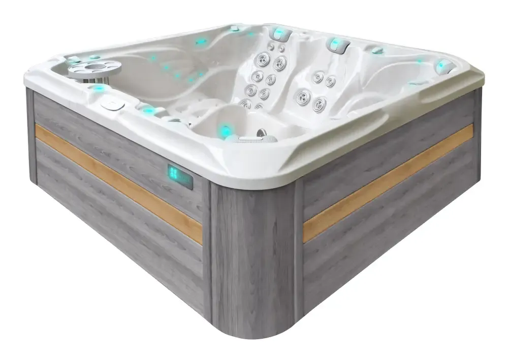 PassionSpa Admire Whirlpool – weißer Innenraum, graue Holzpaneele, blaue Beleuchtung