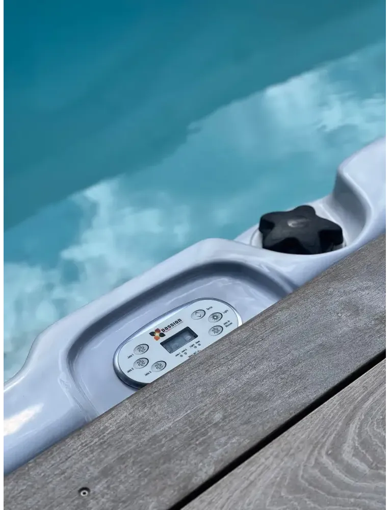 PassionSpa Aquatic 1 Swim-Spa – graues Bedienfeld mit schwarzem Sterngriff und Jasson-Logo