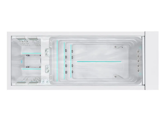 PassionSpa Balance Swim-Spa – modernes Design, weiße Ausführung, integrierte Sitze, türkisfarbene Beleuchtung