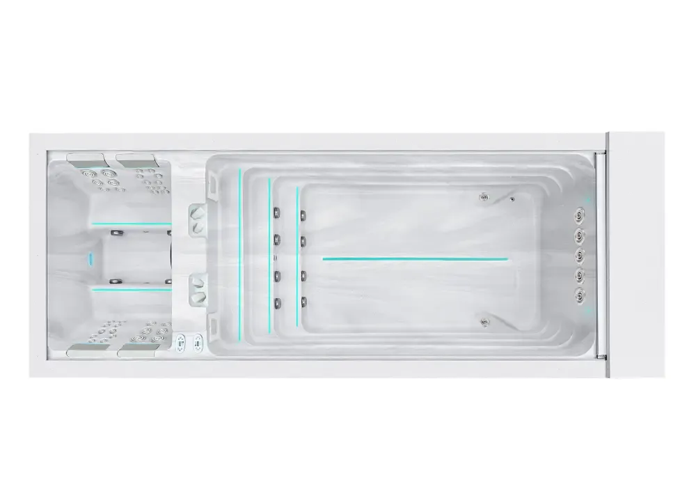 PassionSpa Balance Swim-Spa – modernes Design, weiße Ausführung, integrierte Sitze, türkisfarbene Beleuchtung