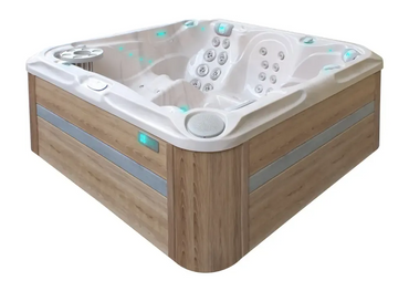 PassionSpa Delight Whirlpool – weiße Oberfläche in Holzoptik, Massagedüsen, LED-Beleuchtung