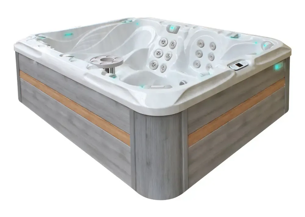 PassionSpa Desire Whirlpool – Signature Collection, weiße Ausführung, graue Holzpaneele, blaue Beleuchtung