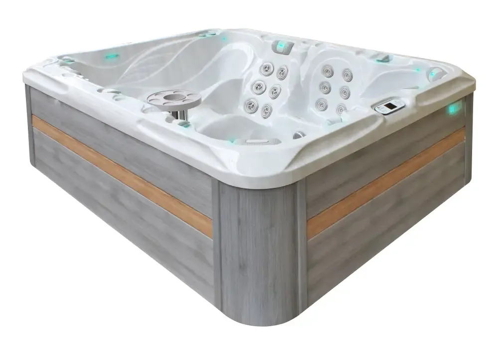 PassionSpa Desire Whirlpool – Signature Collection, weiße Ausführung, graue Holzpaneele, blaue Beleuchtung