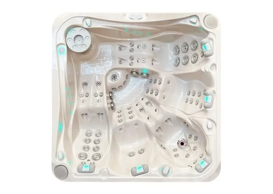 PassionSpa Devotion Whirlpool – Signature Collection, cremegelbe Farbe, Massagedüsen, türkisfarbene Beleuchtung