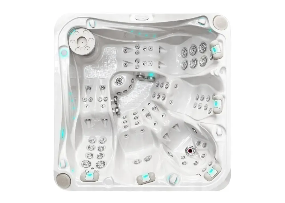 PassionSpa Devotion Whirlpool – Signature Collection, weiße Ausführung, Sitzplätze, Massagedüsen, blaugrüne LED-Beleuchtung