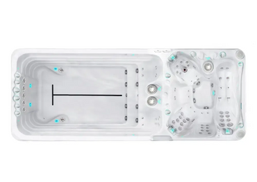 PassionSpa Dynamic Deep Swim-Spa – weiße Ausführung, weißer Innenraum, integrierte Sitze, Massagedüsen, blaue Beleuchtung