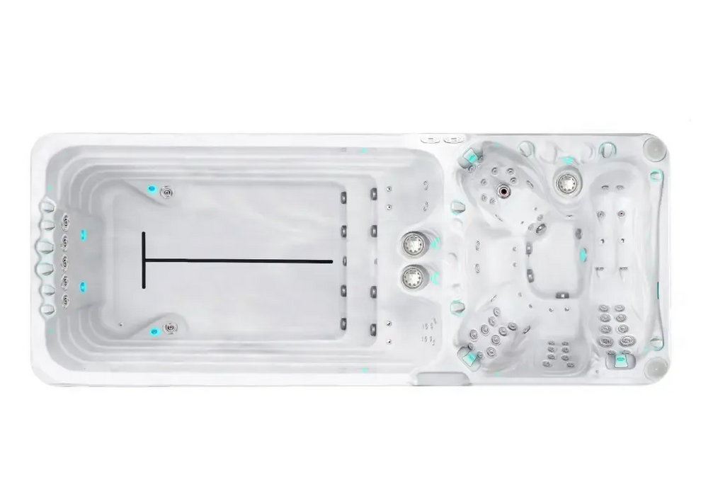 PassionSpa Dynamic Deep Swim-Spa – weiße Ausführung, weißer Innenraum, integrierte Sitze, Massagedüsen, blaue Beleuchtung