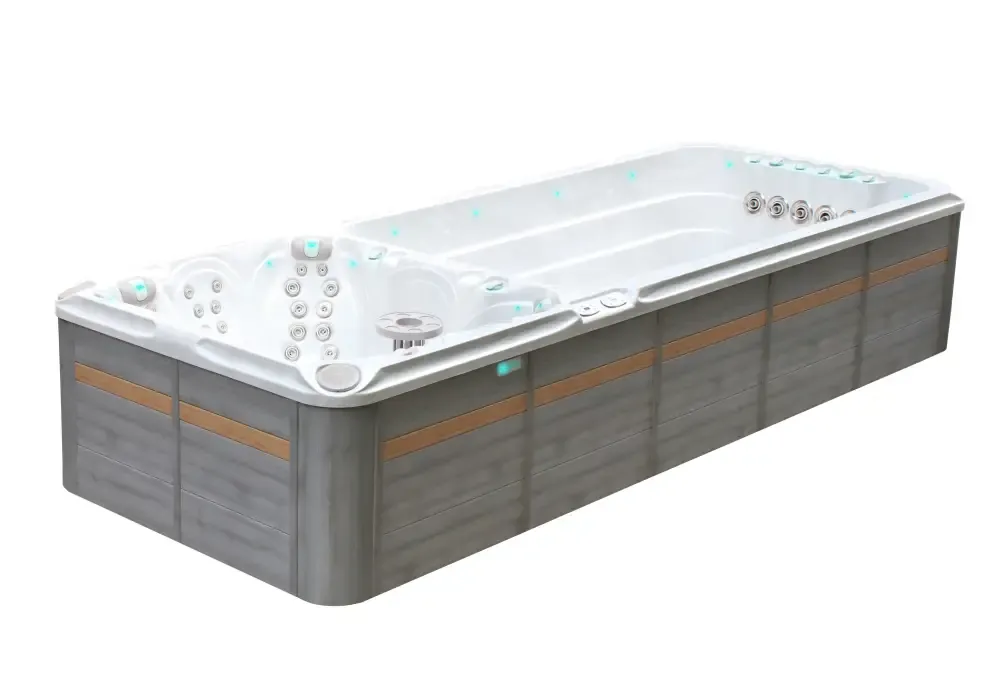PassionSpa Dynamic Deep Swim-Spa – modernes Design, Grau- und Holztöne, weißer Innenraum