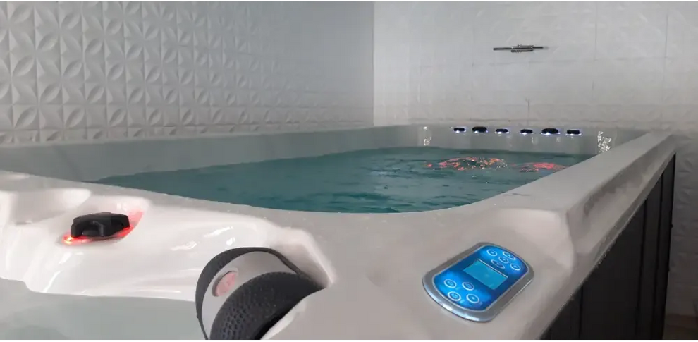 PassionSpa Dynamic Deep Swim-Spa – Sport Collection, weiße Ausführung, weißer Innenraum, blau beleuchtetes Paneel, schwarze Massagedüsen