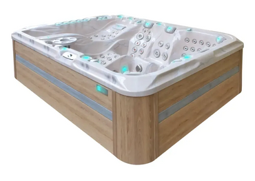 PassionSpa Ecstatic Mighty Wave Whirlpool – modernes Design, weißer Innenraum, helle Holzverkleidung, türkisfarbene Beleuchtung