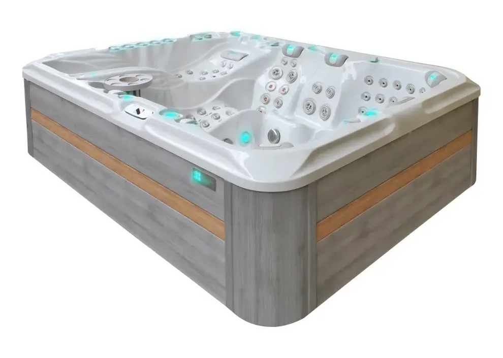 PassionSpa Ecstatic Mighty Wave Whirlpool – modernes Design, graue Holzpaneele, weißer Innenraum, türkisfarbene LED-Beleuchtung, Massagedüsenregler