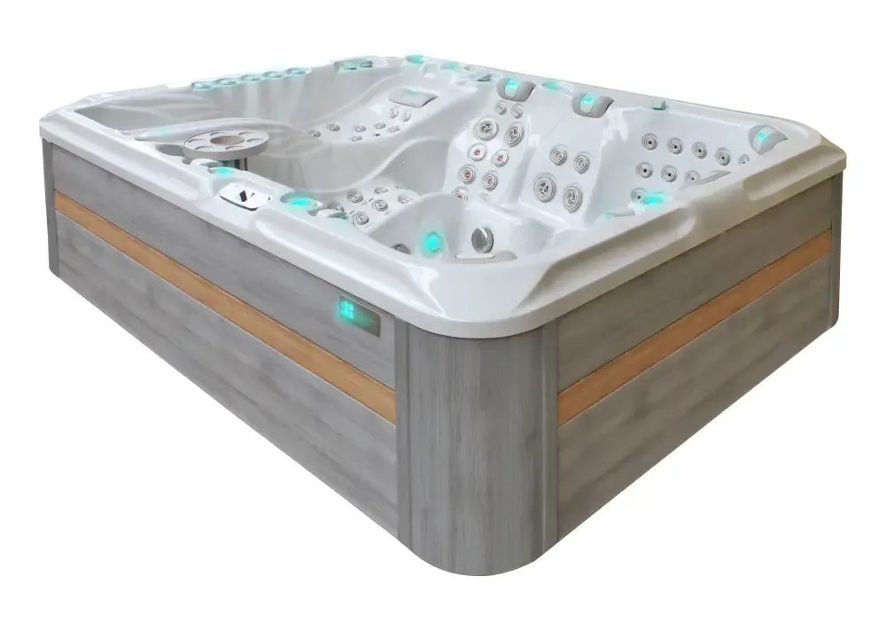 PassionSpa Ecstatic Mighty Wave Whirlpool – modernes Design, graue Holzpaneele, weißer Innenraum, türkisfarbene LED-Beleuchtung, Massagedüsenregler