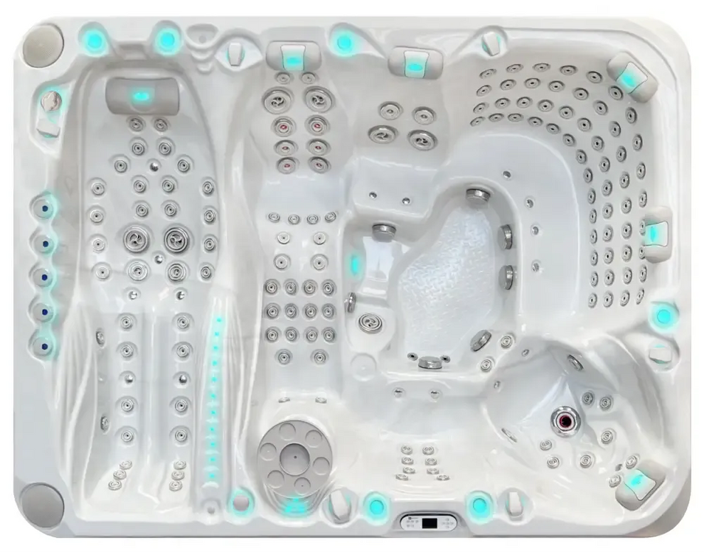 PassionSpa Ecstatic Mighty Wave Whirlpool – weiße Ausführung, silberfarbene Massagedüsen, blaue LED-Beleuchtung