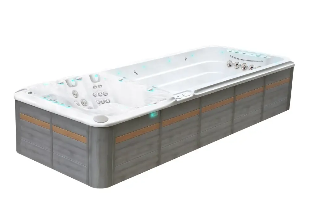 PassionSpa Energy Deep Swim-Spa – modernes Design, weißer Innenraum, graue Holzpaneele, LED-Beleuchtung
