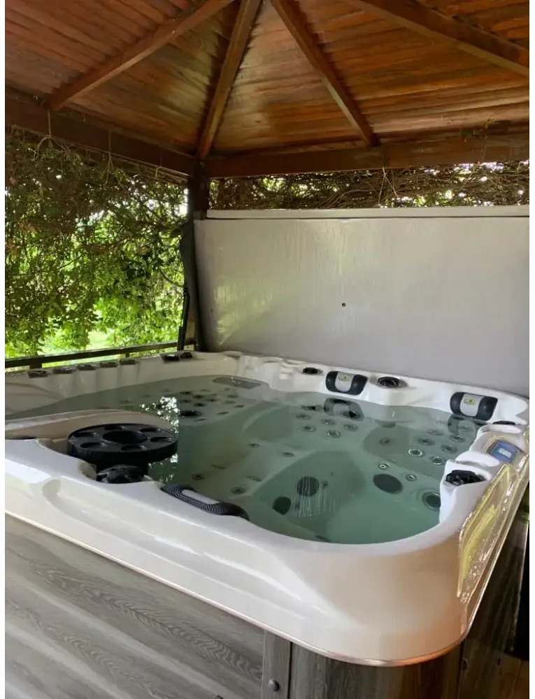 PassionSpa Euphoria Mighty Wave Whirlpool – cremefarbene Oberfläche, schwarze Massagedüsen, Holzboden