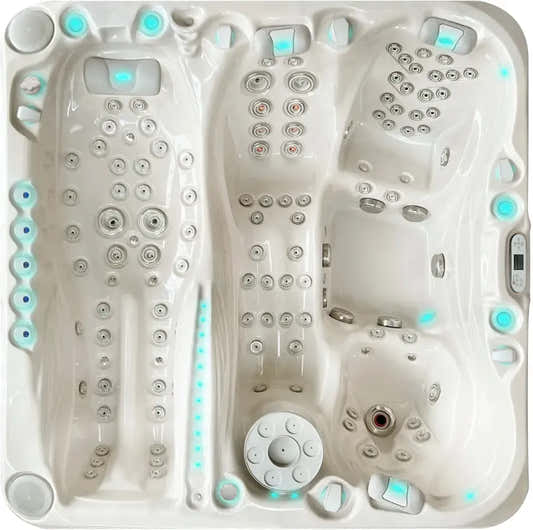 PassionSpa Euphoria Mighty Wave Whirlpool – weiße Ausführung, weißer Innenraum, silberfarbene Massagedüsen, blaue LED-Beleuchtung