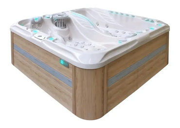 PassionSpa Euphoria Mighty Wave Whirlpool – weißes Acryl, helle Holzverkleidung, türkisfarbene LED-Beleuchtung
