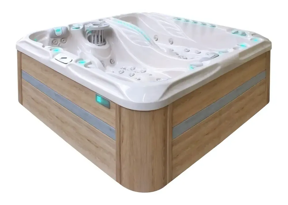 PassionSpa Euphoria Mighty Wave Whirlpool – weißes Acryl, helle Holzverkleidung, türkisfarbene LED-Beleuchtung