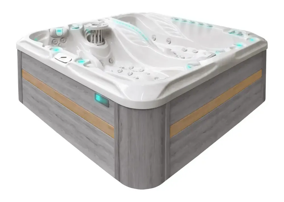 PassionSpa Euphoria Mighty Wave Whirlpool – weiße Ausführung, weißer Innenraum, graue Holzpaneele, hellblaues LED-Lichtband