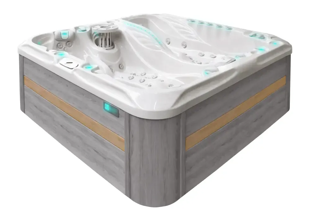 PassionSpa Euphoria Mighty Wave Whirlpool – weiße Ausführung, weißer Innenraum, graue Holzpaneele, hellblaues LED-Lichtband