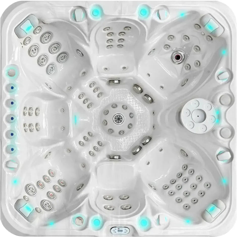 PassionSpa Excite Mighty Wave Whirlpool – weiße Ausführung, weiße Sitze, silberfarbene Massagedüsen, blaue LED-Beleuchtung
