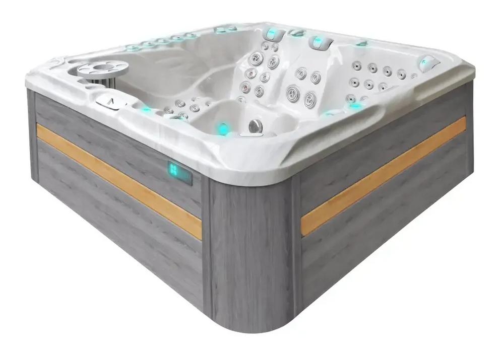 PassionSpa Exhilarate Mighty Wave Whirlpool – graue und beige Holzoptik, blaue Beleuchtung