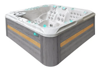 PassionSpa Exhilarate Mighty Wave Whirlpool – graue und beige Holzoptik, blaue Beleuchtung