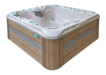 PassionSpa Felicity Whirlpool – modernes Design, weiße Ausführung, Holzpaneel, silberfarbene Details