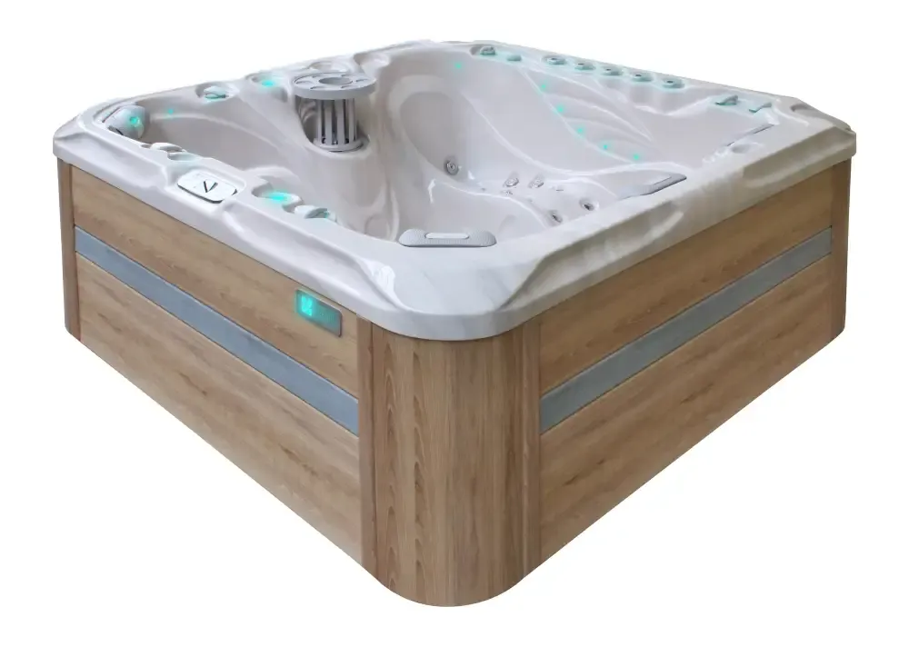 PassionSpa Felicity Whirlpool – modernes Design, weiße Ausführung, Holzpaneel, silberfarbene Details