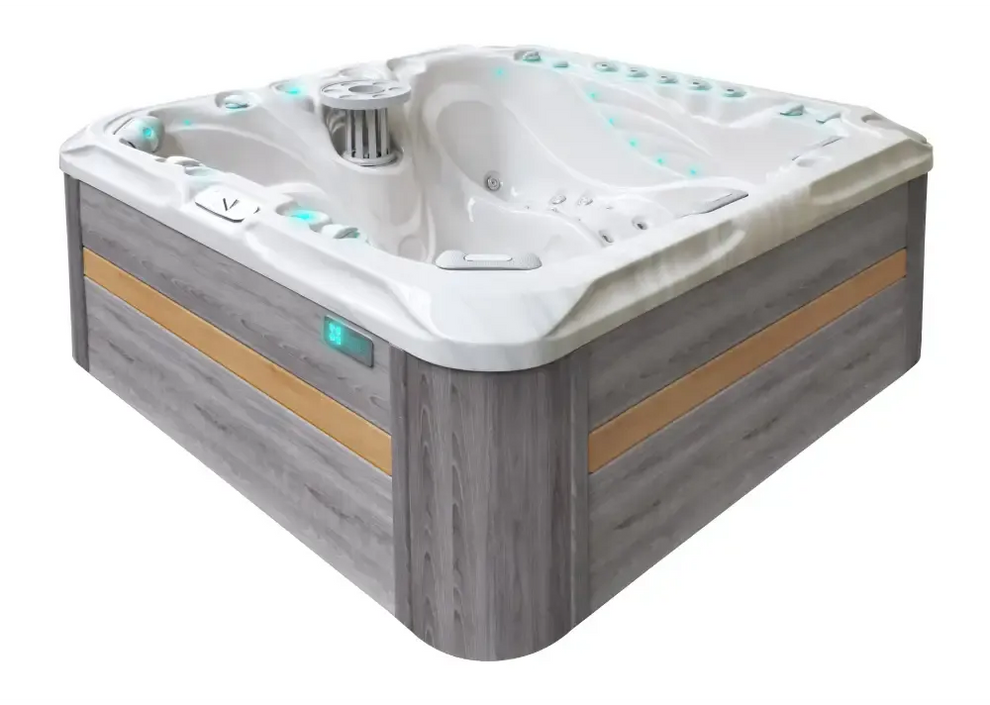 PassionSpa Felicity Mighty Wave Whirlpool – modernes Design, weiße Ausführung, graue Holzpaneele, bernsteinfarbener Akzent