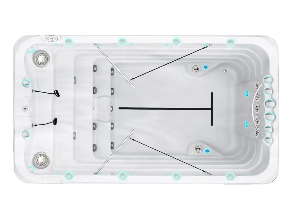 PassionSpa Fitness 1 Deep Swim-Spa – weiße Ausführung, rechteckige Form, blaue LED-Beleuchtung, schwarze Innendetails