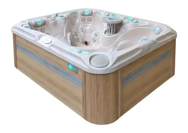 PassionSpa Happy Whirlpool – Signature Collection, beige Oberfläche, weiße Ausführung, Holzpaneel, blaugrüne LED-Beleuchtung