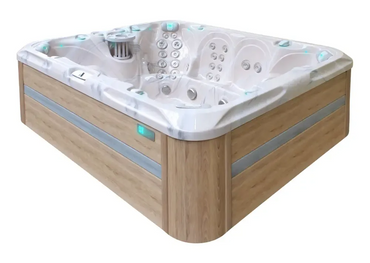 PassionSpa Harmony Whirlpool – weiße Ausführung, helle Holzverkleidung, LED-Beleuchtung