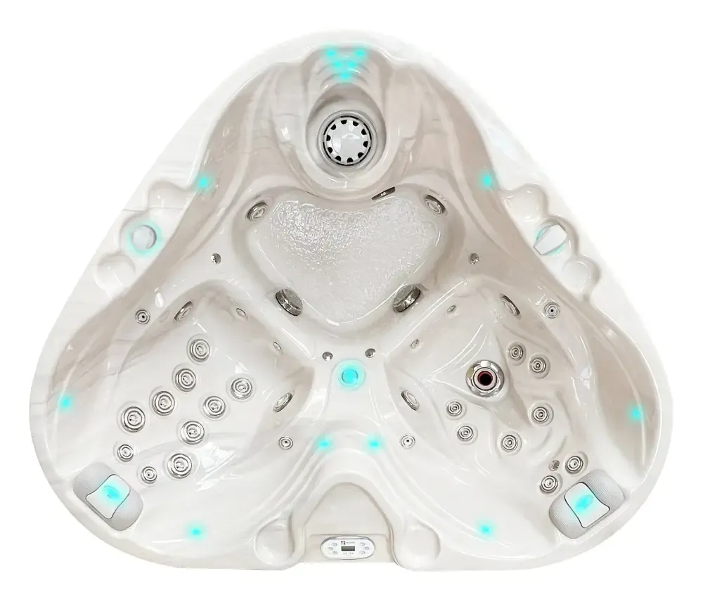 Vit PassionSpa Heart Spabad med vit trekantig form, turkosa LED-ljus och jetmunstycken
