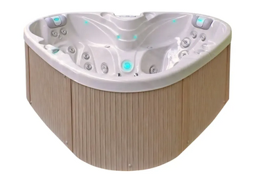 PassionSpa Heart Whirlpool – weißer Innenraum, helle Holzverkleidung, blaue LED-Beleuchtung, Massagedüsen